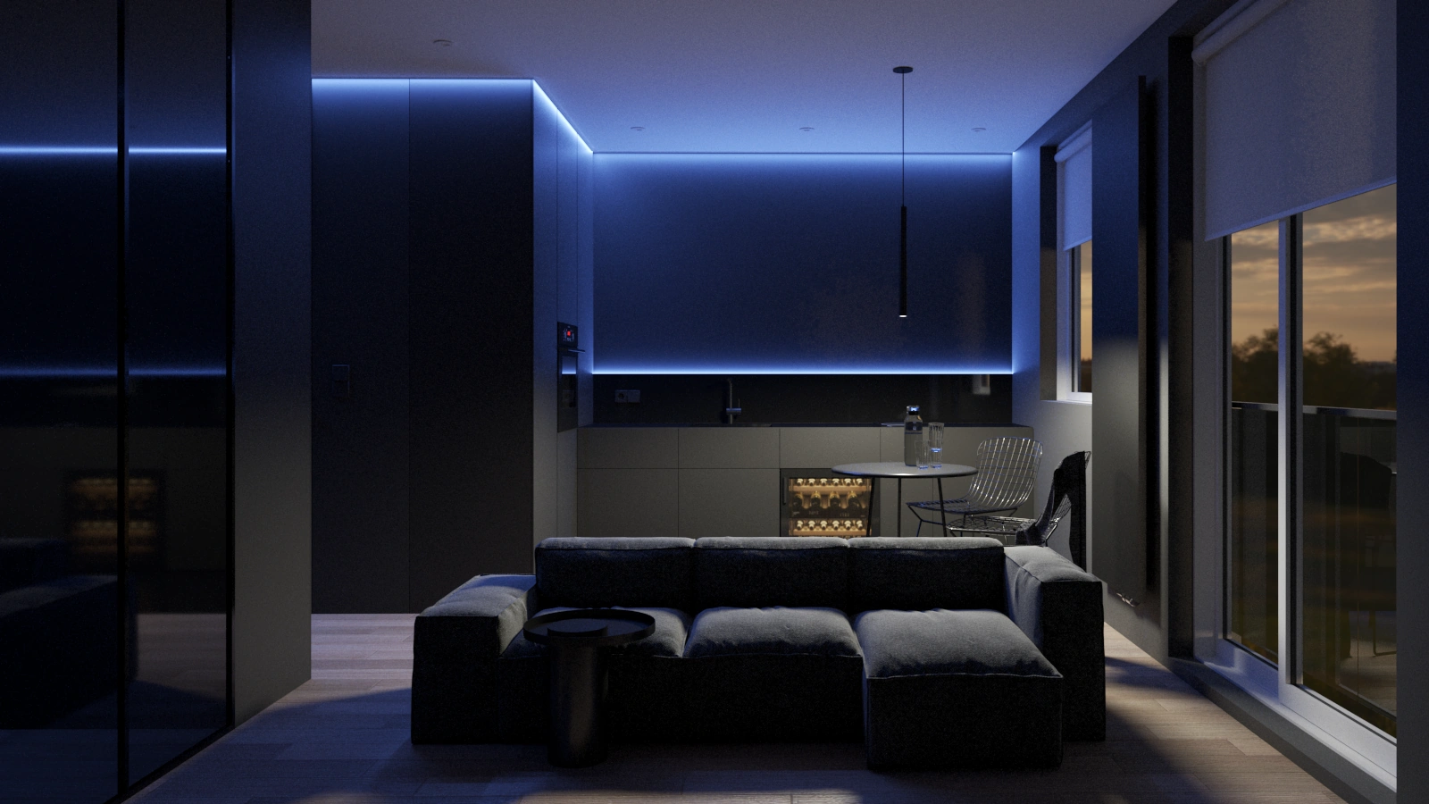 Wnętrze apartamentu Nexity w zmiennym oświetleniu